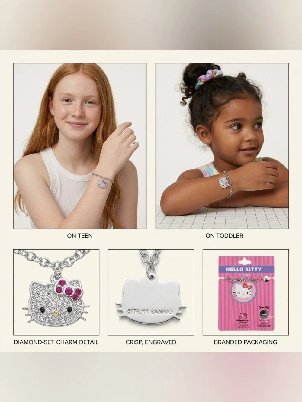 🍎NWT Hello Kitty Sanrio Rhinestone Charm Bracelet Silver-Tone Pink Bow Licensed